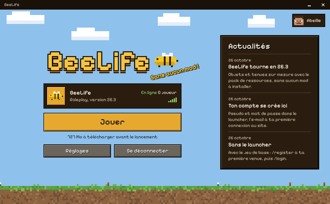 L'accueil du launcher BeeLife : l'état du serveur, les actualités et le bouton Jouer.